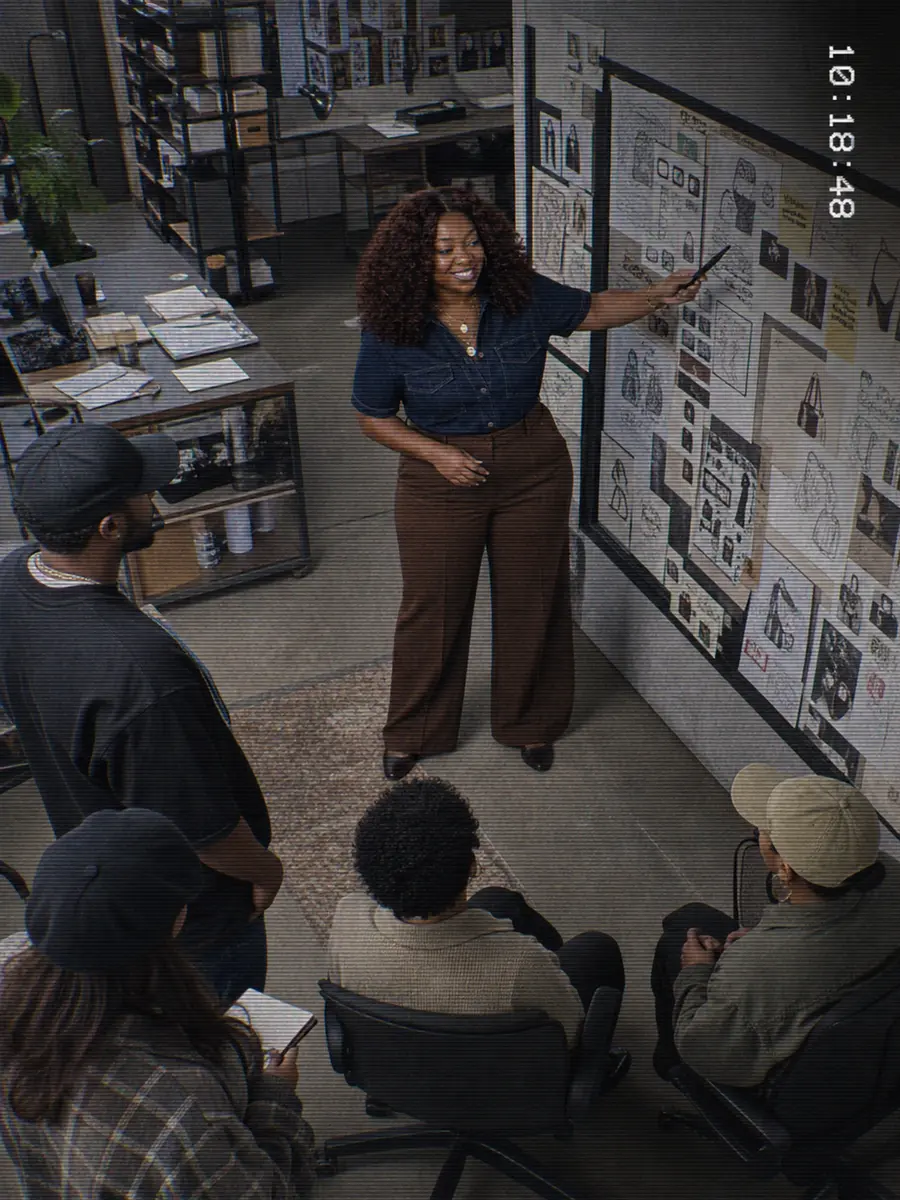 Surveillance still of Shené presenting at a moodboard wall