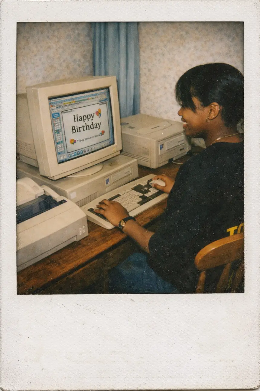 Polaroid of young Shené designing a Happy Birthday card on a 90s PC
