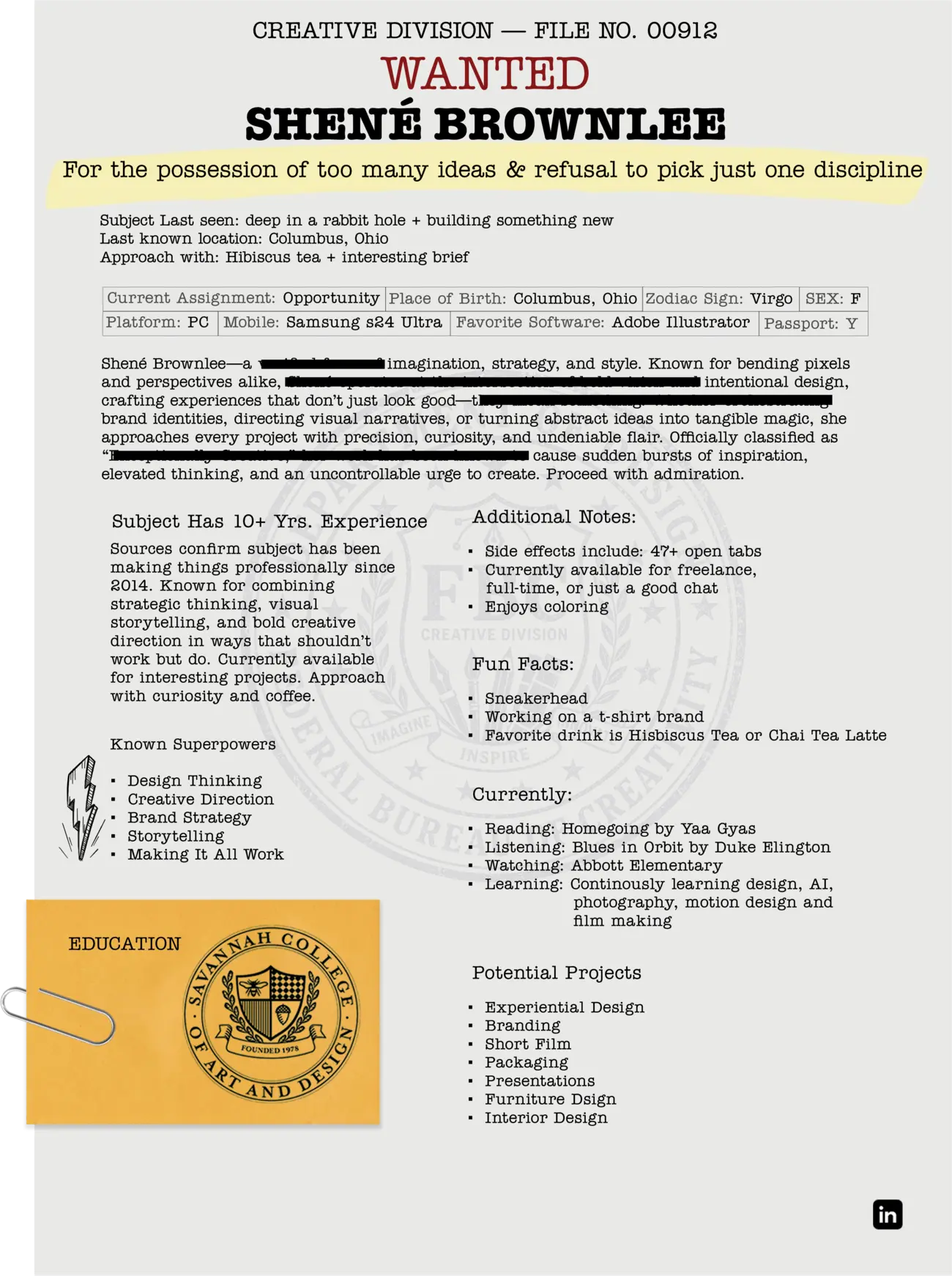 Wanted poster for Shené Brownlee